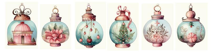 einstellen von Weihnachten Aquarell Glas Bälle schließen oben auf ein Weiß Hintergrund. Weihnachten dekorativ Spielzeuge zum dekorieren das Neu Jahr Baum. Design Elemente zum Scrapbooking, Karte, ai generiert foto