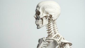 Mensch Schädel auf ein Weiß Hintergrund Seite Sicht. Kopf Knochen und Skelett. Mensch Anatomie und Struktur von das Mensch Kopf. zum medizinisch und wissenschaftlich lehrreich Bücher, Artikel, Zeitschriften, ai generiert foto