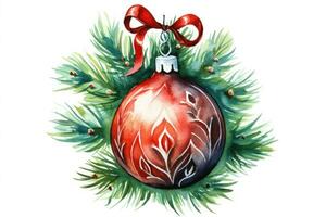 Weihnachten Glas rot Ball auf das Hintergrund von ein Weihnachten Tanne Ast isoliert auf ein Weiß Hintergrund. Neu Jahre dekorativ Spielzeug zum Dekoration. Design Element zum Gruß, Karte, ai generiert foto