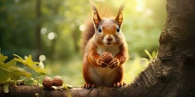 ein süß Eichhörnchen Sitzung Essen Nussbaum Kerne, ai generativ foto