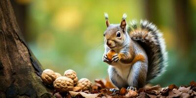 ein süß Eichhörnchen Sitzung Essen Nussbaum Kerne, ai generativ foto
