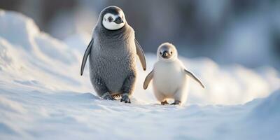 Baby Pinguin und seine Mutter Gehen im das Schnee, ai generativ foto