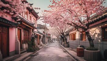 Rosa Kirsche Blüten erleuchten berühmt japanisch die Architektur generiert durch ai foto