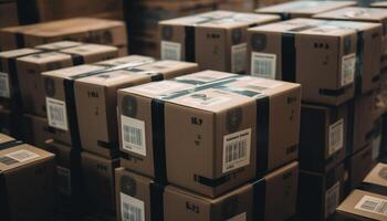gestapelt Karton Kisten im Verteilung Warenhaus zum Versand generiert durch ai foto