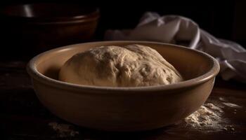 frisch hausgemacht Brot Teig Mischen im Schüssel generiert durch ai foto