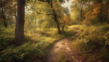 still Sonnenaufgang Wanderung durch beschwingt Herbst Wildnis, Natur Schönheit aufgedeckt generiert durch ai foto
