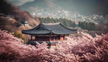 Kirsche blühen schmückt uralt Pagode im Japan generiert durch ai foto