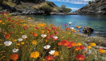 beschwingt Wildblumen blühen im idyllisch Wiese Szene generiert durch ai foto