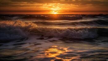golden Wellen Absturz auf still Küste beim Dämmerung, reflektieren Schönheit generiert durch ai foto
