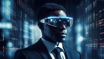 futuristisch Geschäftsmann im Blau passen Verwendet virtuell Wirklichkeit Simulator Technologie generiert durch ai foto