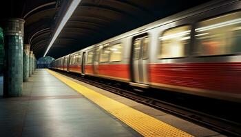 ein ruhig U-Bahn Bahnhof, leeren ohne Passagiere generativ ai foto