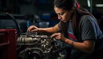 weiblich Mechaniker reparieren Auto im Werkstatt generativ ai foto