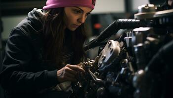 weiblich Mechaniker reparieren Auto im Werkstatt generativ ai foto
