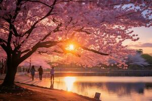 Kirsche blühen Park während Sonnenuntergang ai generativ foto