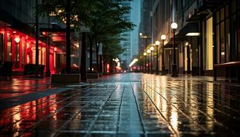 Bürgersteig beim Nacht nach Regen mit nass Straßen ai generativ foto