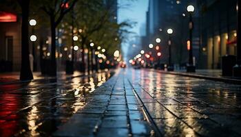 Bürgersteig beim Nacht nach Regen mit nass Straßen ai generativ foto