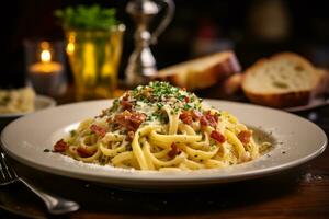 ein köstlich Teller von Pasta Carbonara generativ ai foto