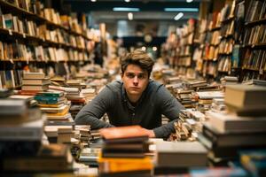entmutigt Person inmitten überfüllt Buchhandlung reflektieren tiefgreifend emotional Vakuum foto