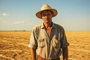 niedergeschlagen Farmer im riesig unfruchtbar Feld isoliert auf ein Gradient Hintergrund foto