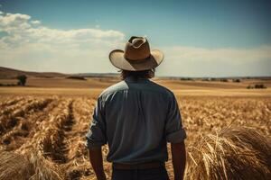 betrübt Farmer im unfruchtbar Feld Hintergrund mit leeren Raum zum Text foto