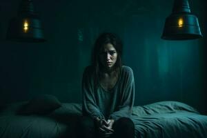 deprimiert jung Frau im schwach zündete Zimmer isoliert auf ein Gradient Hintergrund foto