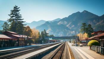 ein ruhig Zug Bahnhof mit ein Hintergrund von Berge und Kiefer Bäume ai generativ foto