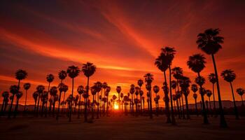 dramatisch Palme Baum Silhouette von Wüste Sonnenuntergang generativ ai foto