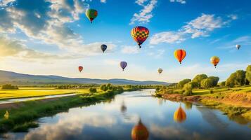 heiß Luft Ballon Über ein Landschaft von Flüsse und Berge generativ ai foto