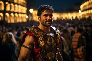 ein Straße Künstler gekleidet wie ein römisch Gladiator ein Foto von ein Läufer Sprinten durch ein Stadt Park ai generativ