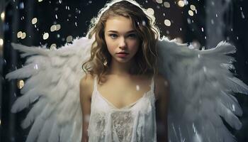 unschuldig jung Mädchen mit lange blond Haar mit Engel Flügel ai generativ foto