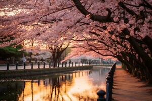 Kirsche blühen Park während Sonnenuntergang ai generativ foto