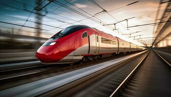 hoch Geschwindigkeit Züge Rennen entlang das Spuren ai generativ foto