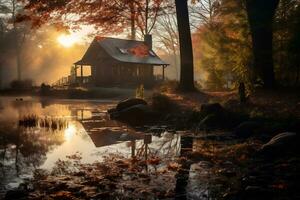 Sonnenaufgang Über ein Wald Landschaft mit Herbst Laub ai generativ foto