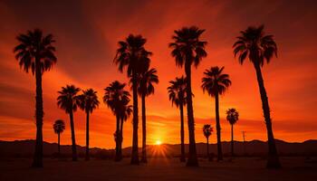 dramatisch Palme Baum Silhouette von Wüste Sonnenuntergang generativ ai foto