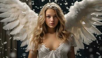 unschuldig jung Mädchen mit lange blond Haar mit Engel Flügel ai generativ foto