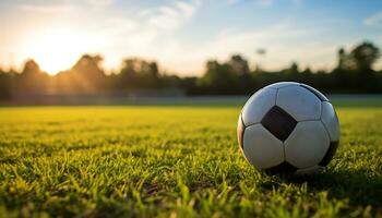 Foto von ein Ball im das Mitte von ein Fußball Feld generativ ai