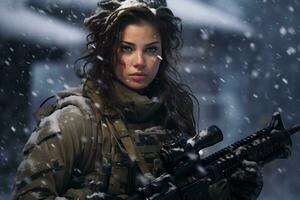 ein weiblich Soldat ist auf Pflicht im ein schneebedeckt Platz ai generativ foto