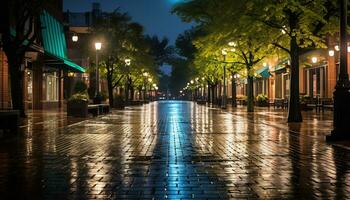 Bürgersteig beim Nacht nach Regen mit nass Straßen ai generativ foto