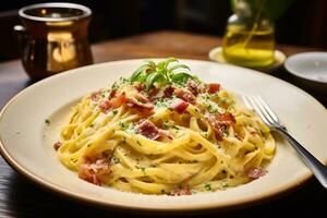 ein köstlich Teller von Pasta Carbonara generativ ai foto