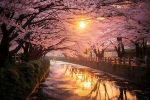 Kirsche blühen Park während Sonnenuntergang ai generativ foto