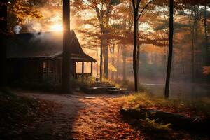 Sonnenaufgang Über ein Wald Landschaft mit Herbst Laub ai generativ foto