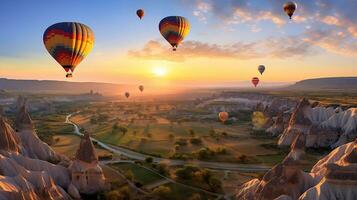 heiß Luft Ballon Über das Kappadokien Himmel generativ ai foto