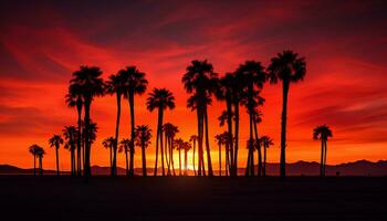 dramatisch Palme Baum Silhouette von Wüste Sonnenuntergang generativ ai foto