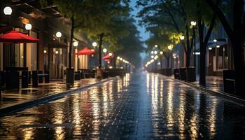 Bürgersteig beim Nacht nach Regen mit nass Straßen ai generativ foto