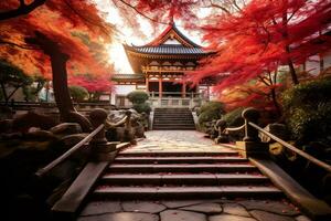 Kyoto Tempel geschmückt mit beschwingt Herbst ai generativ foto