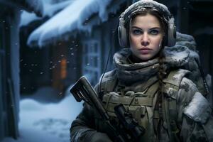 ein weiblich Soldat ist auf Pflicht im ein schneebedeckt Platz ai generativ foto