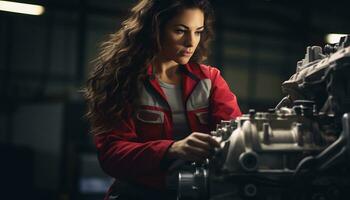 weiblich Mechaniker reparieren Auto im Werkstatt generativ ai foto