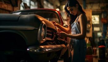 weiblich Mechaniker reparieren ein Jahrgang Auto generativ ai foto