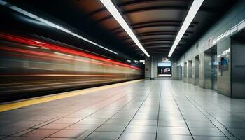 ein ruhig U-Bahn Bahnhof, leeren ohne Passagiere generativ ai foto