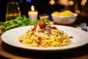 ein köstlich Teller von Pasta Carbonara generativ ai foto